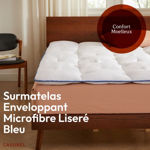 Surmatelas Enveloppant 90 X 190 Cm En Microfibre Respirante Avec Liseré Bleu – Moelleux – 1 Place