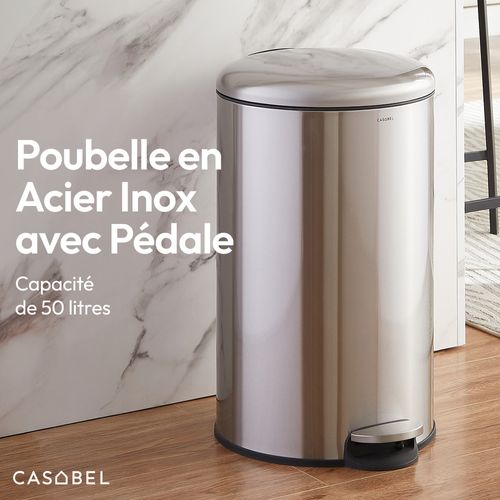 Poubelle 50l - Acier Inoxydable, Pédale Et Couvercle, Chrome