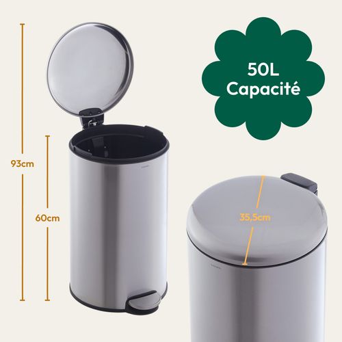 Poubelle 50l - Acier Inoxydable, Pédale Et Couvercle, Chrome