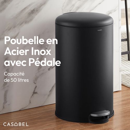Poubelle 50l - Acier Inoxydable, Pédale Et Couvercle, Noire