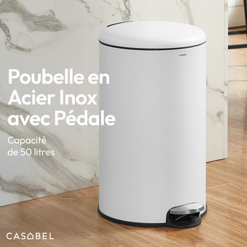 Poubelle 50l - Acier Inoxydable, Pédale Et Couvercle, Blanche