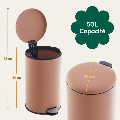 Poubelle 50l - Acier Inoxydable, Pédale Et Couvercle, Terracotta