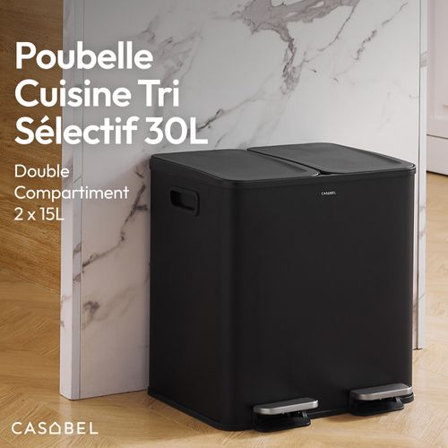 Poubelle Cuisine Double 2x15L en Acier Inoxydable, Anti-Traces, avec Pédales