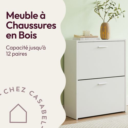 Meuble à Chaussures Blanc 2 Abattants 12 Paires Bois Composite 60x24x80 Cm