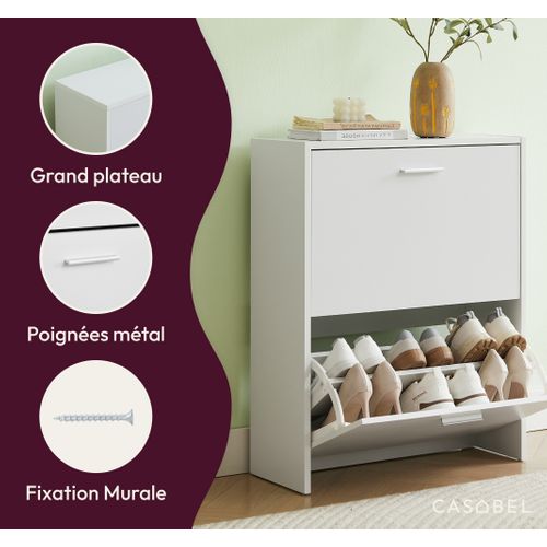 Meuble à Chaussures Blanc 2 Abattants 12 Paires Bois Composite 60x24x80 Cm