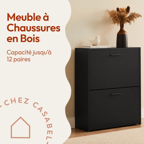 Meuble à Chaussures Noir 2 Abattants 12 Paires Bois Composite 60x24x80 Cm