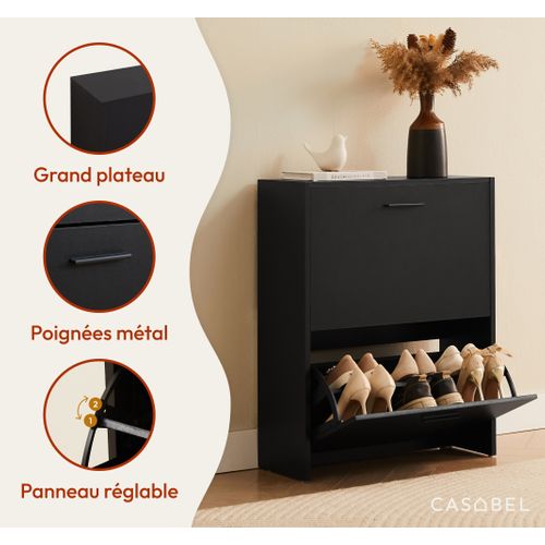 Meuble à Chaussures Noir 2 Abattants 12 Paires Bois Composite 60x24x80 Cm