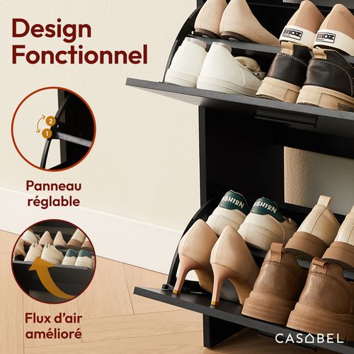 Meuble à Chaussures Noir 3 Abattants 18 Paires Bois Composite 60x24x113 Cm