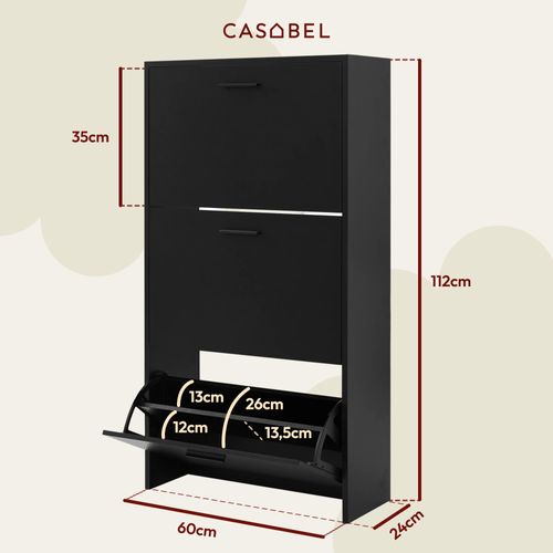 Meuble à Chaussures Noir 3 Abattants 18 Paires Bois Composite 60x24x113 Cm