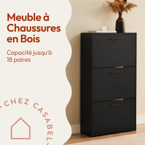 Meuble à Chaussures Noir 3 Abattants 18 Paires Bois Composite 60x24x113 Cm