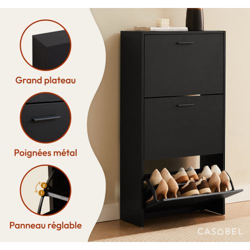 Meuble à Chaussures Noir 3 Abattants 18 Paires Bois Composite 60x24x113 Cm