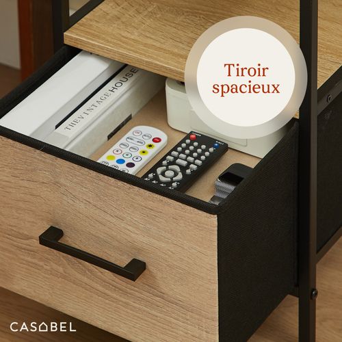 Table De Chevet Noire En Bois, Métal Noir, Et Tissu Renforcé