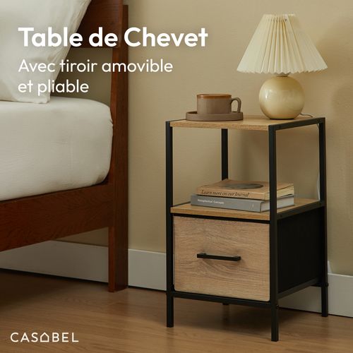 Table De Chevet Noire En Bois, Métal Noir, Et Tissu Renforcé