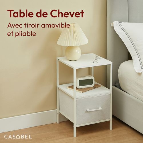 Table De Chevet Blanche En Bois Mdf, Métal, Et Tissu Renforcé