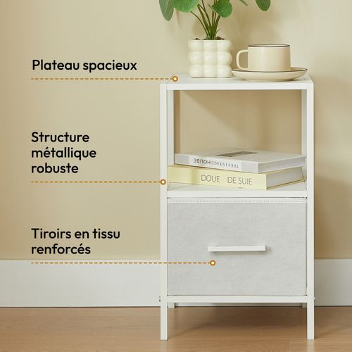 Table De Chevet Blanche En Bois Mdf, Métal, Et Tissu Renforcé