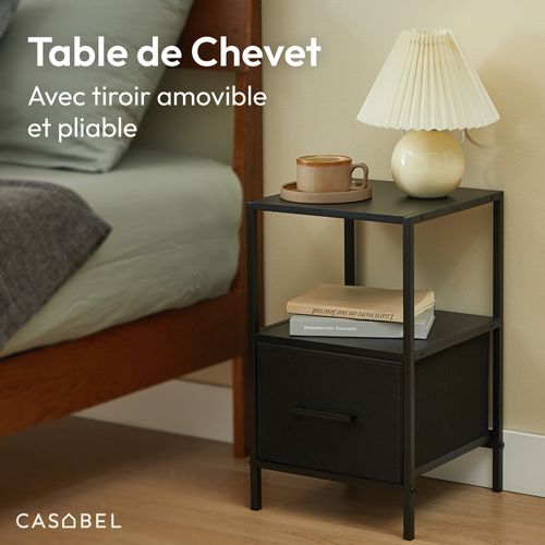 Table De Chevet Noire En Bois Mdf, Métal, Et Tissu Renforcé