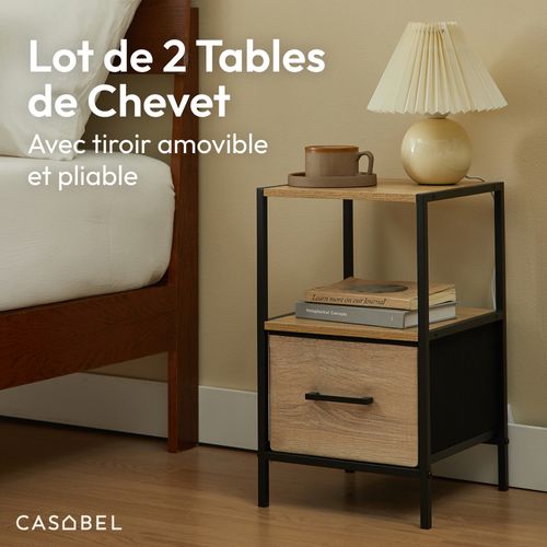 2 Tables De Chevet Avec Tiroir En Tissu Renforcé Effet Bois