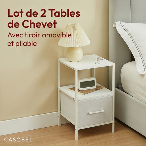 Lot De 2 Tables De Chevet Blanches En Bois Mdf, Métal Et Tissu