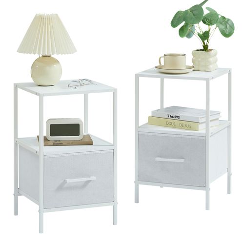 Lot De 2 Tables De Chevet Blanches En Bois Mdf, Métal Et Tissu