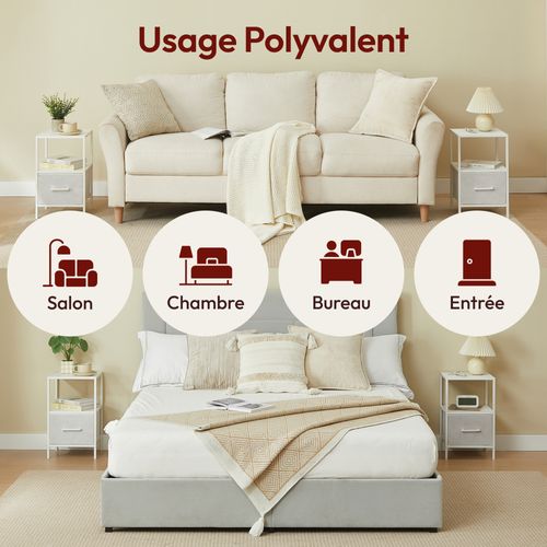 Lot De 2 Tables De Chevet Blanches En Bois Mdf, Métal Et Tissu