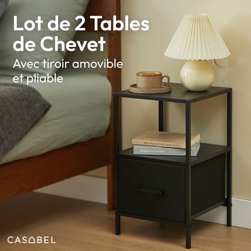 Lot De 2 Tables De Chevet Noires En Bois Mdf, Métal Et Tissu