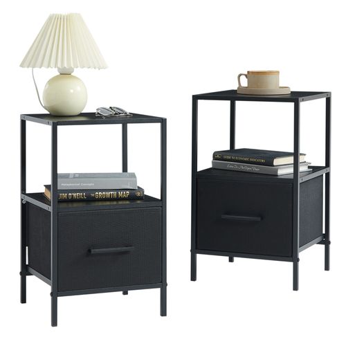 Lot De 2 Tables De Chevet Noires En Bois Mdf, Métal Et Tissu