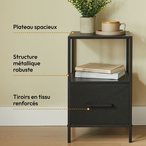 Lot De 2 Tables De Chevet Noires En Bois Mdf, Métal Et Tissu