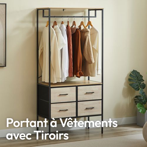 Penderie Vêtements 167cm Avec 4 Tiroirs, Bois et Métal Noir