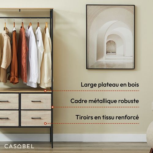 Penderie Vêtements 167cm Avec 4 Tiroirs, Bois et Métal Noir