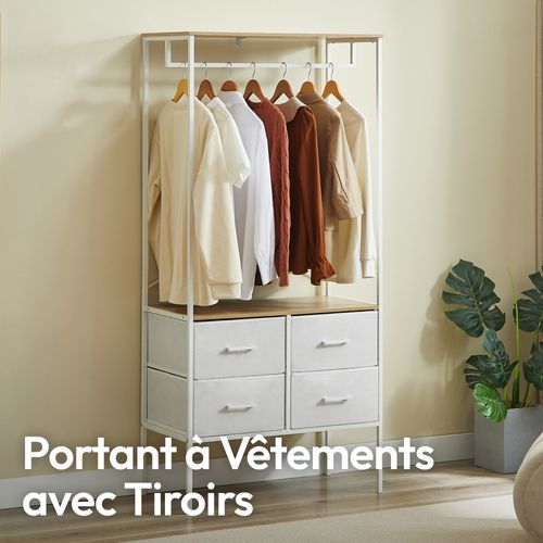 Penderie Vêtements 167cm Avec 4 Tiroirs, Bois et Métal Blanc