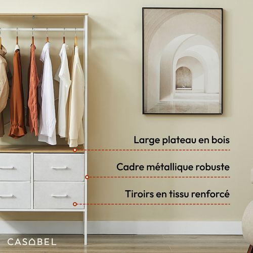 Penderie Vêtements 167cm Avec 4 Tiroirs, Bois et Métal Blanc