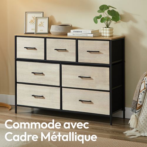 Commode 7 tiroirs Chambre, Salon, Métal Noir Et Bois Mdf