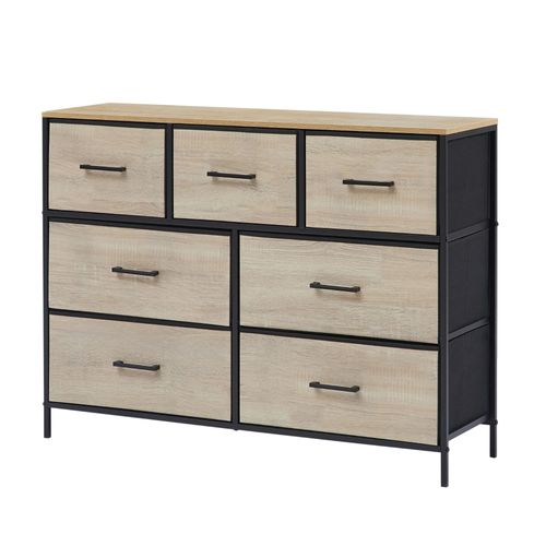 Commode 7 tiroirs Chambre, Salon, Métal Noir Et Bois Mdf