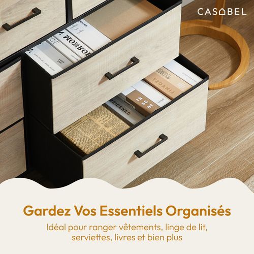 Commode 7 tiroirs Chambre, Salon, Métal Noir Et Bois Mdf