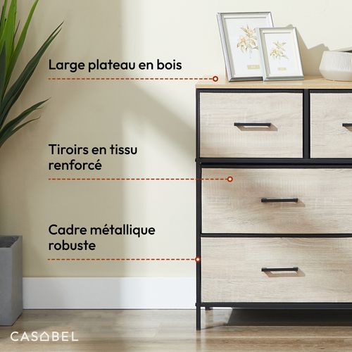 Commode 7 tiroirs Chambre, Salon, Métal Noir Et Bois Mdf