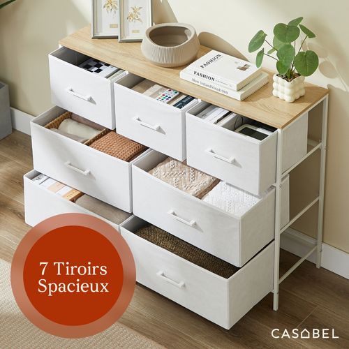 Commode 7 tiroirs Chambre, Salon, Métal Blanc Et Bois Mdf