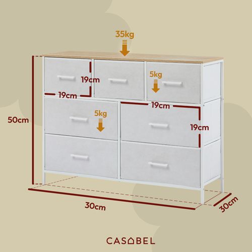 Commode 7 tiroirs Chambre, Salon, Métal Blanc Et Bois Mdf
