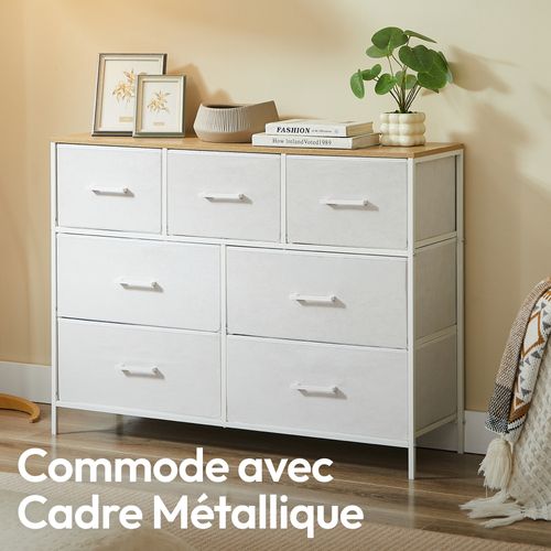 Commode 7 tiroirs Chambre, Salon, Métal Blanc Et Bois Mdf