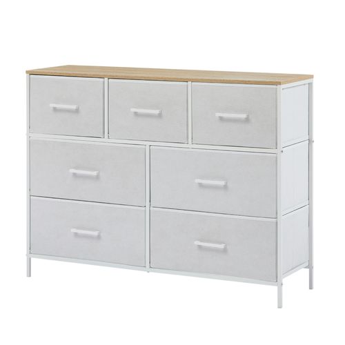 Commode 7 tiroirs Chambre, Salon, Métal Blanc Et Bois Mdf