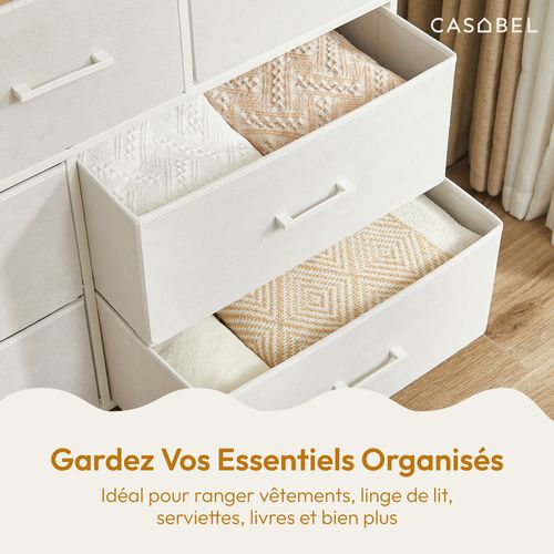 Commode 7 tiroirs Chambre, Salon, Métal Blanc Et Bois Mdf