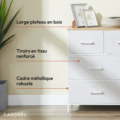 Commode 7 tiroirs Chambre, Salon, Métal Blanc Et Bois Mdf