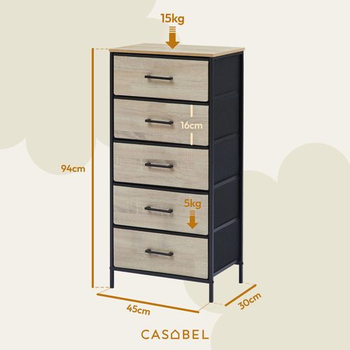 Commode Haute 5 tiroirs Tissu Rigide, Métal Noir