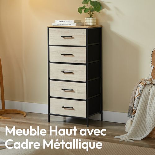 Commode Haute 5 tiroirs Tissu Rigide, Métal Noir