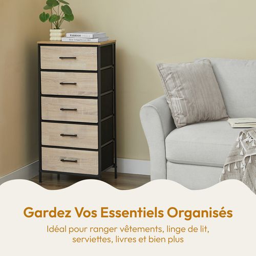 Commode Haute 5 tiroirs Tissu Rigide, Métal Noir