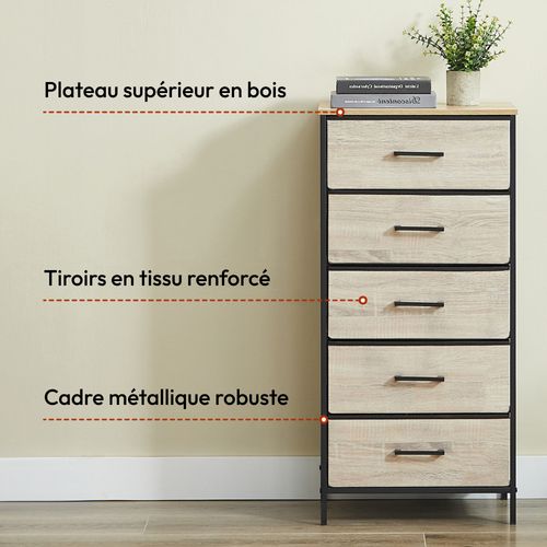 Commode Haute 5 tiroirs Tissu Rigide, Métal Noir