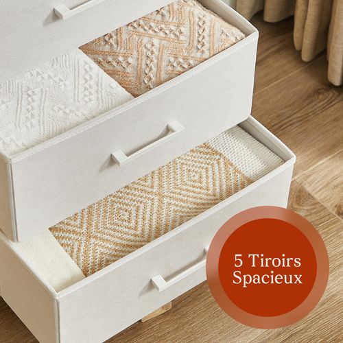 Commode Haute 5 tiroirs Tissu Rigide, Métal Noir Et Mdf