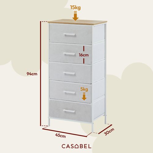 Commode Haute 5 tiroirs Tissu Rigide, Métal Noir Et Mdf