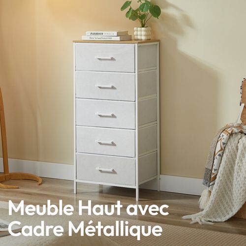 Commode Haute 5 tiroirs Tissu Rigide, Métal Noir Et Mdf