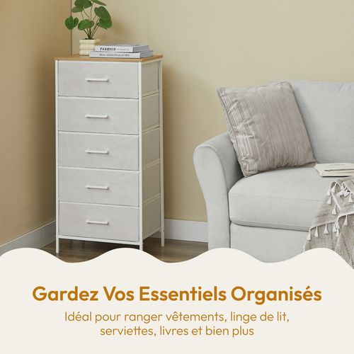 Commode Haute 5 tiroirs Tissu Rigide, Métal Noir Et Mdf