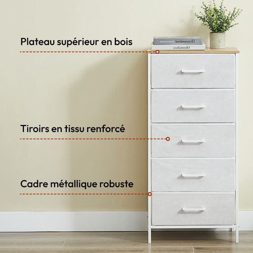 Commode Haute 5 tiroirs Tissu Rigide, Métal Noir Et Mdf